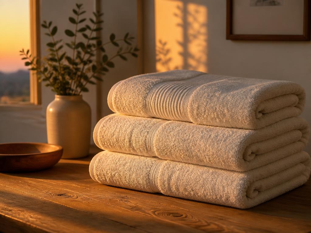 Neatly folded cream towels in warm afternoon light on a wooden table
